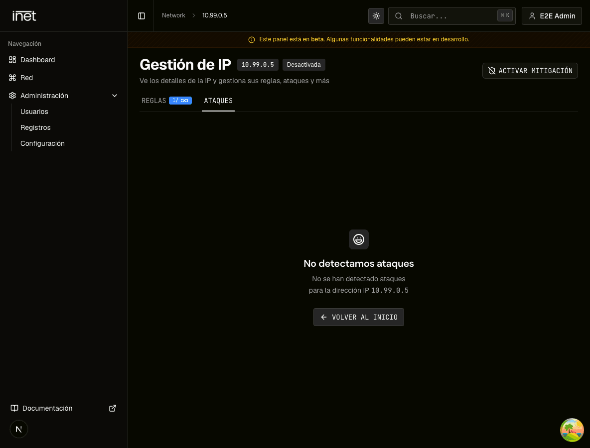 Dark Attacks tab for a demonstration IP with no active attacks