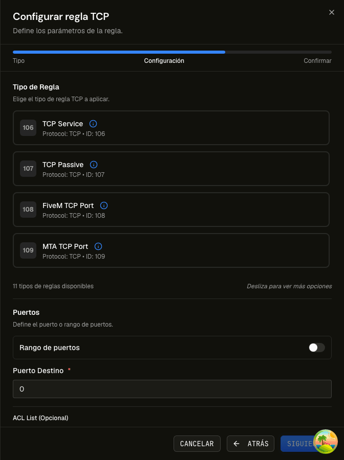 TCP rule configuration step with type catalog and port field