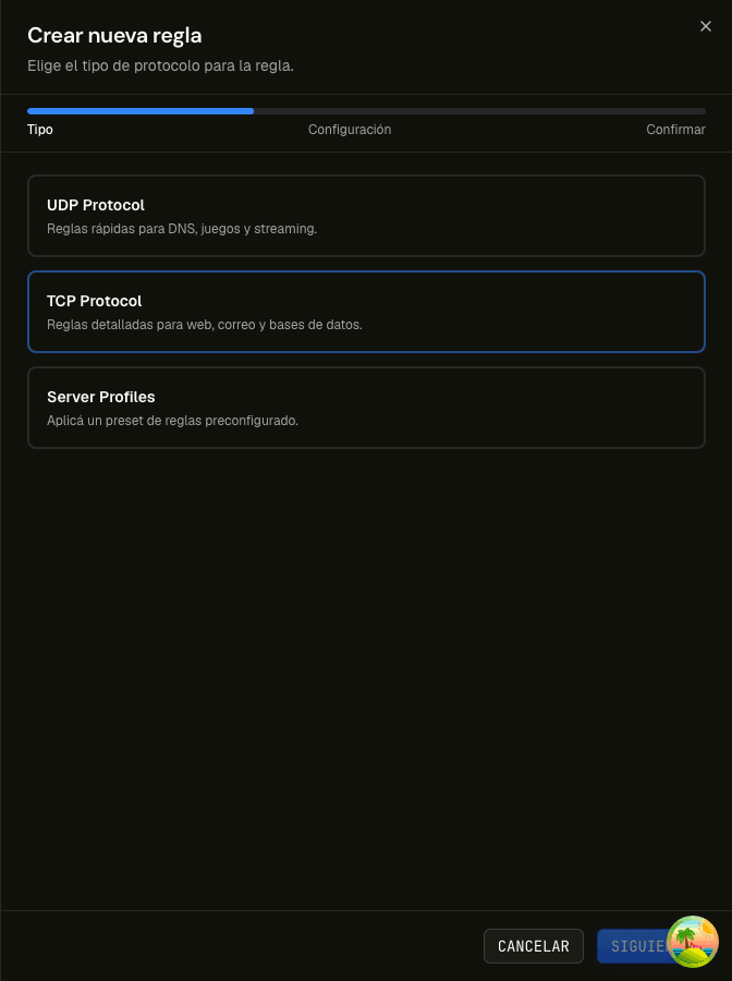 Create-rule wizard first step with UDP, TCP, and server profiles
