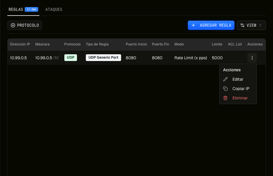 Rule Actions menu with Edit, Copy IP, and Delete