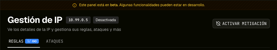 Detalle oscuro de IP de demostración con botón Activar Mitigación